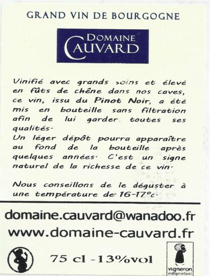 Domaine cauvard Cote de Beaune etiquette arriere